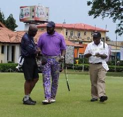 McBeth (center) playing alongside Vice Admiral Dele Ezeoba, Chief of Naval Staff Nigerian Navy (left) and Rear Admiral Ibok-Ete Ekwe Ibas, Nigerian Navy, Flag Officer Commanding, Western Naval Command (right) in the Zenith Bank Nigerian Navy Pre-Conference Golf Kitty Tournament on 26 August 2013.